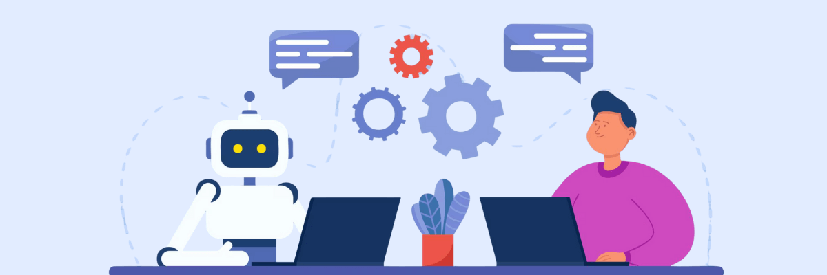 A friendly robot and a relaxed-looking person sit at laptops, chatting through speech bubbles while gears float between them. The scene feels calm and collaborative, like tech and humans working side by side.
