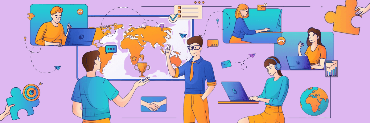 A bright, illustrated scene shows a global team working together from laptops, with charts, messages, and a world map connecting them. It gives a fun, modern vibe of collaboration happening from anywhere in the world.