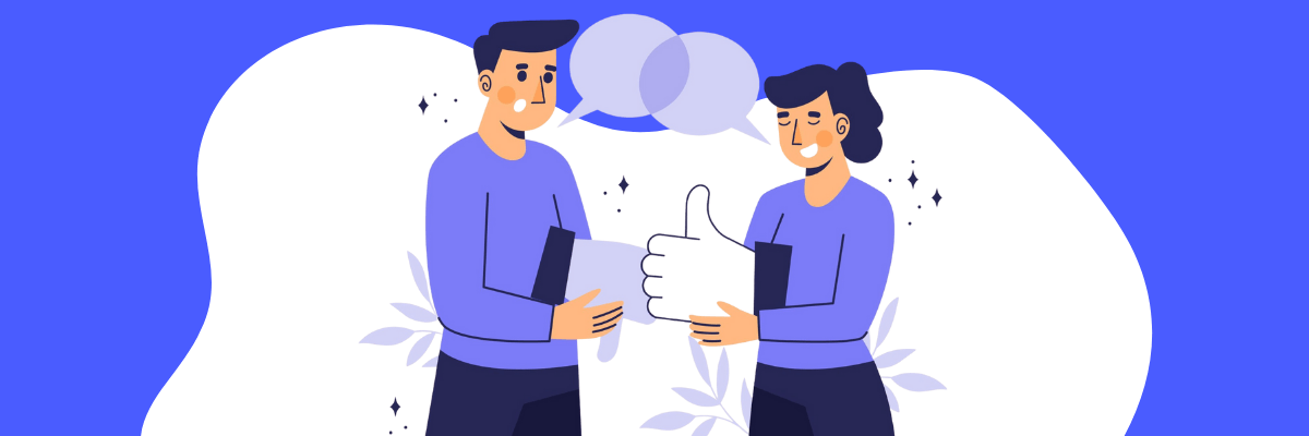 Two illustrated coworkers smile and shake hands while holding a giant thumbs-up symbol, with speech bubbles floating above them. The whole scene feels like celebrating good communication or teamwork.