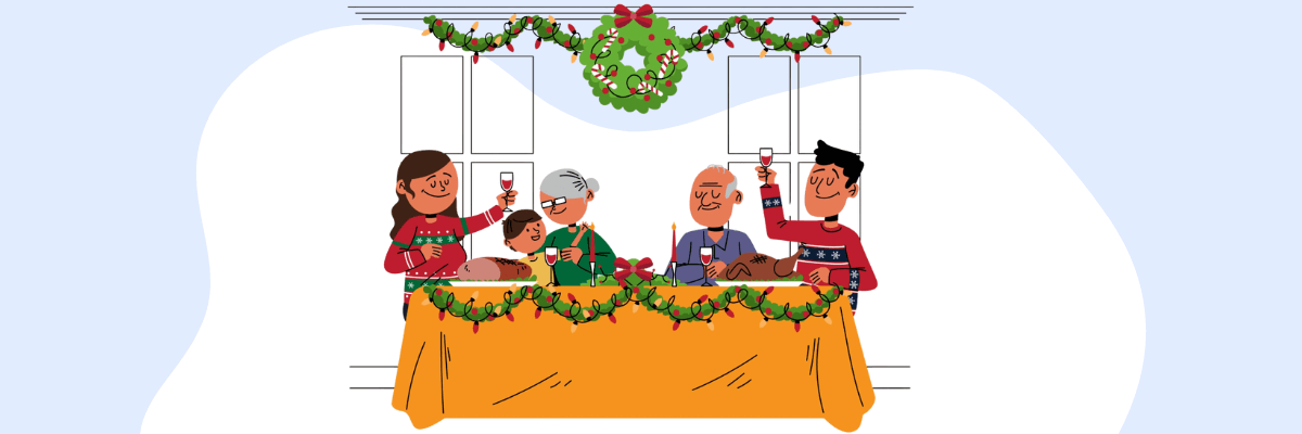 An illustrated family sits around a holiday dinner table, raising glasses in a cheerful toast. The room is decorated with garlands and a festive wreath, adding a warm and cozy holiday vibe.