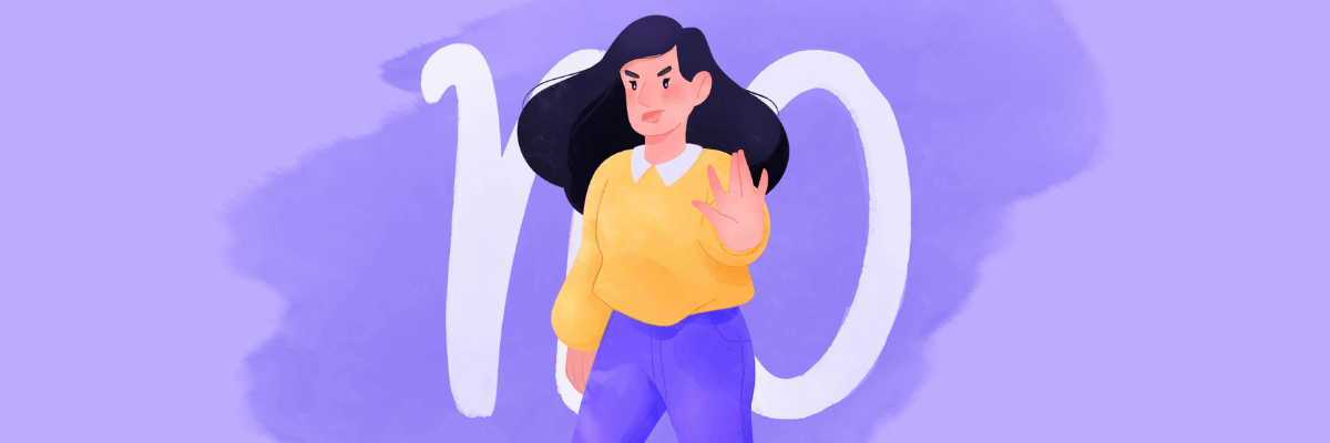 The word “NO” appears large in white behind a woman holding up her hand in a clear stop gesture. The background is a soft lavender with a darker purple brushstroke that makes the word stand out.