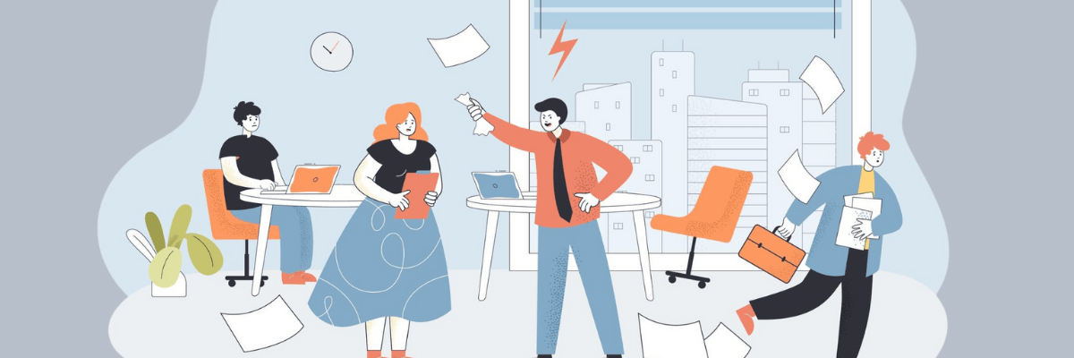 A busy office scene shows coworkers reacting as papers fly and one person gestures urgently in the center. The soft gray-blue background features desks, city buildings through a window, and scattered details.