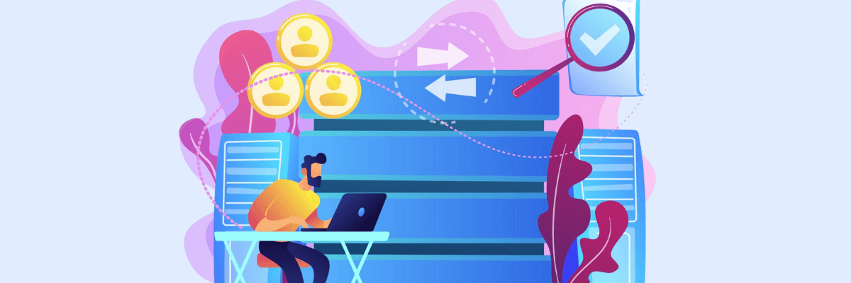 A person works on a laptop in front of layered blue panels, surrounded by floating user icons, arrows, and a checkmark symbol. The soft purple and pink background with abstract shapes.