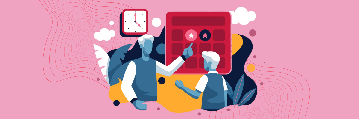  Two people interact with a large red calendar, selecting marked dates together. The illustration sits on a soft pink background with abstract shapes, flowing line patterns, and small clouds.