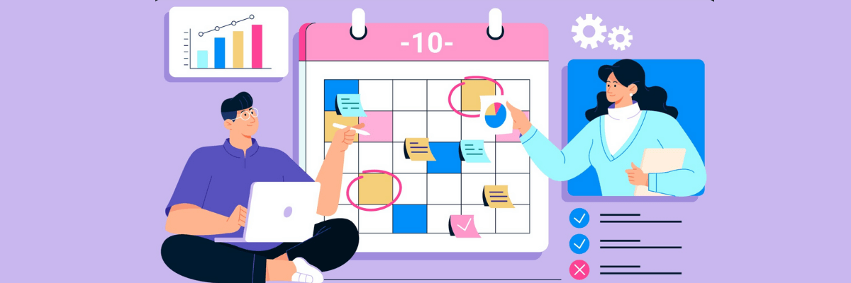Illustration of two coworkers planning together, pointing at a shared calendar filled with sticky notes and circled dates, with charts and checklists around them. It gives a visual of collaborative scheduling, prioritizing tasks, and staying on top of deadlines.