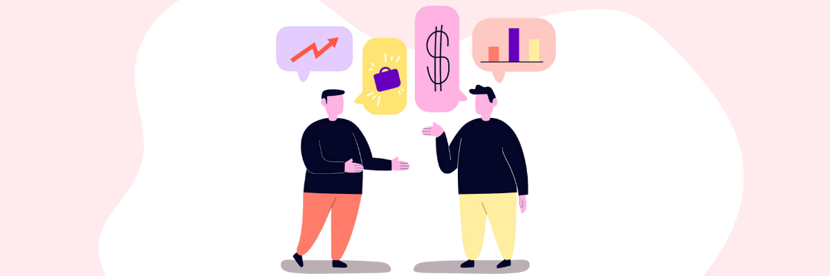 Two people face each other in conversation, gesturing as icons above them show growth charts, money symbols, and business ideas being exchanged. They stand against a soft, abstract pastel background.