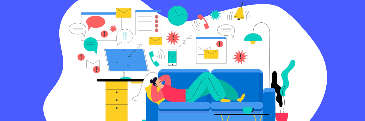 A person lies curled up on a blue couch, wearing headphones as notifications, emails, alerts, and clocks swirl overhead with bright blue-and-white background.