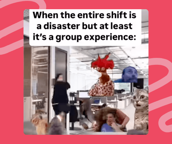 A chaotic meme shows a random mix of animals and people scattered through an office under the caption, “When the entire shift is a disaster but at least it’s a group experience.” It nails that “we’re all losing it together” workplace humor.