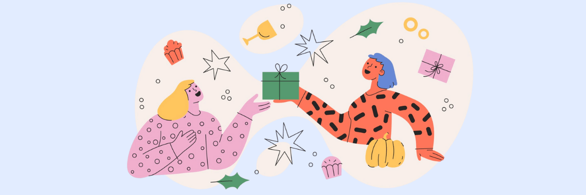 Two illustrated people happily exchange a wrapped gift surrounded by stars, holly, and little festive icons. The scene feels warm and celebratory, like a sweet holiday moment between friends.