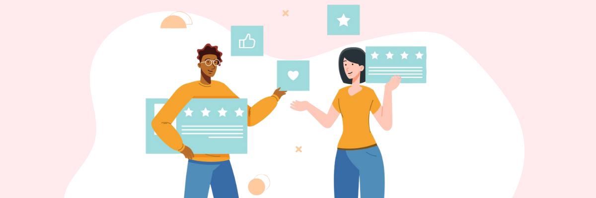 Two illustrated coworkers happily hold up five-star review cards with little icons like a thumbs-up and a heart floating around them. It feels upbeat and positive, like celebrating great feedback.