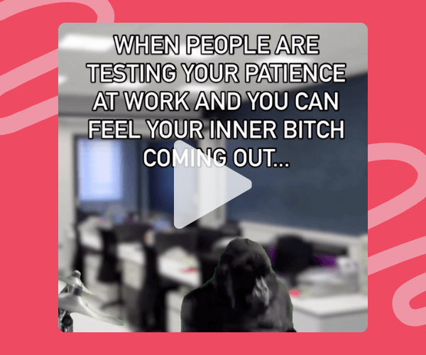 A small black dog sits in the foreground of an office setting, looking visibly unimpressed, as bold on-screen text reads, “WHEN PEOPLE ARE TESTING YOUR PATIENCE AT WORK AND YOU CAN FEEL YOUR INNER BITCH COMING OUT…” The background is a blurred open office with desks, chairs, and monitors, emphasizing the workplace frustration the text is joking about.