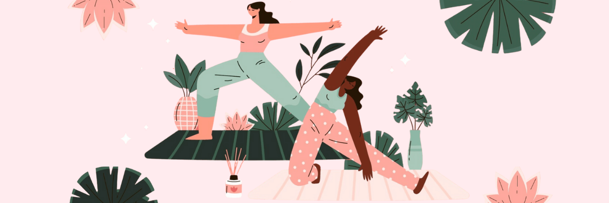  Two women practice yoga poses on separate mats, one balancing with arms outstretched while the other lunges with one arm raised. The soft pink background is decorated with leafy plants, sparkles, and cozy home details.