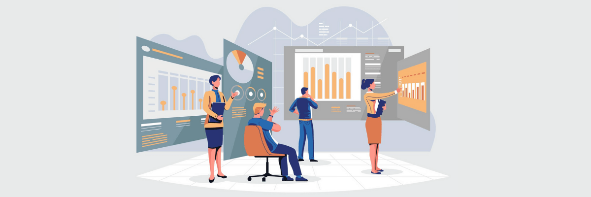 A group of professionals reviews large data dashboards filled with charts, graphs, and metrics, with one person seated while others point and discuss the visuals. The background is a clean, light gray workspace layered with floating analytics screens and subtle graph lines.
