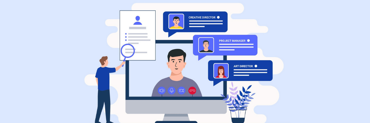 An illustrated scene shows a man on a video call displayed on a large computer screen, with floating profile cards labeled Creative Director, Project Manager, and Art Director around him. A light blue background with soft clouds, plants, and interface icons.