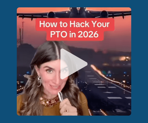 A woman stands in the foreground holding a microphone, with a paused video play icon over the image and bold text reading “How to Hack Your PTO in 2026” above her. Behind her, the background shows an airplane flying over a runway at dusk, with city lights and an airport scene.