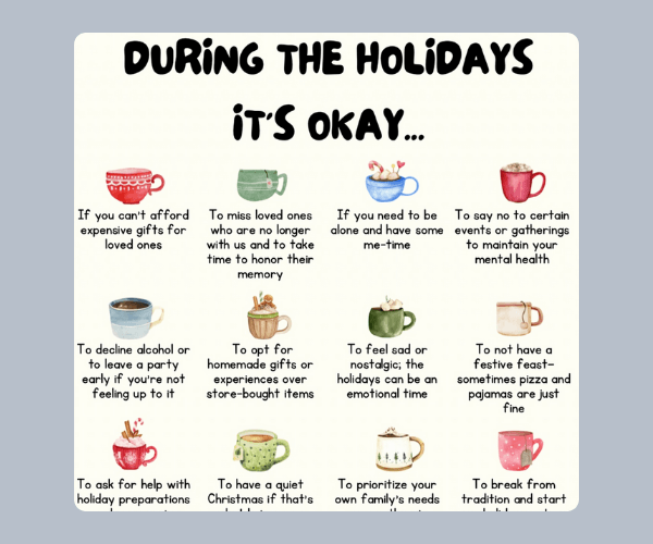 A cream-colored poster on a soft gray background features illustrated mugs arranged in a grid, with the bold heading reading “DURING THE HOLIDAYS IT’S OKAY…” at the top.