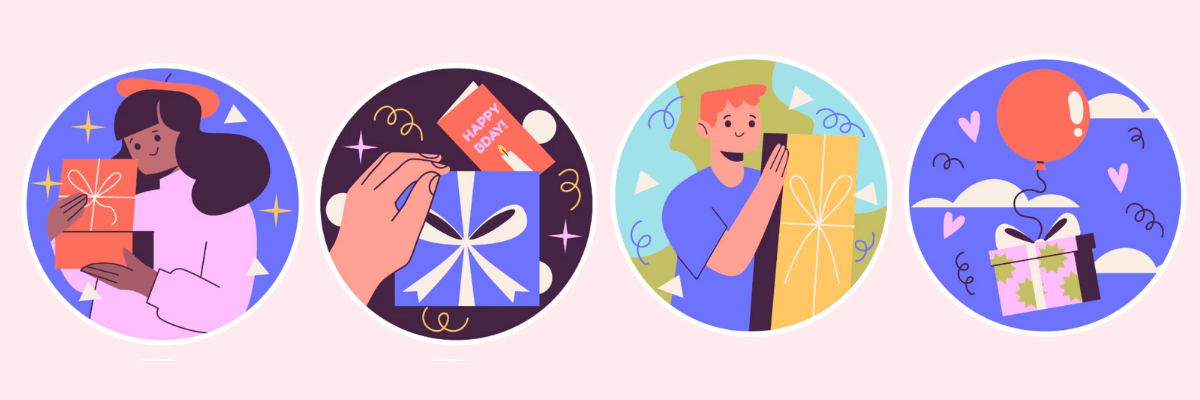 Four cute illustrations show people giving or receiving gifts, plus one present floating away on a balloon. The whole strip feels fun and festive, like a celebration in little moments.