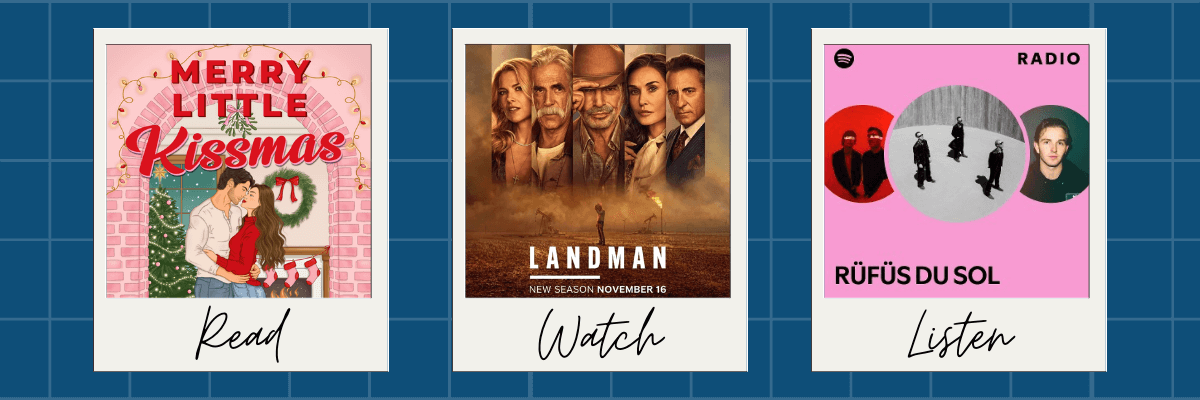 Three Polaroid-style tiles suggest things to “Read, Watch, Listen.” The first shows a cozy holiday romance book cover, the second shows a dramatic TV series poster with a serious cast, and the third features a bright Spotify-style music cover.