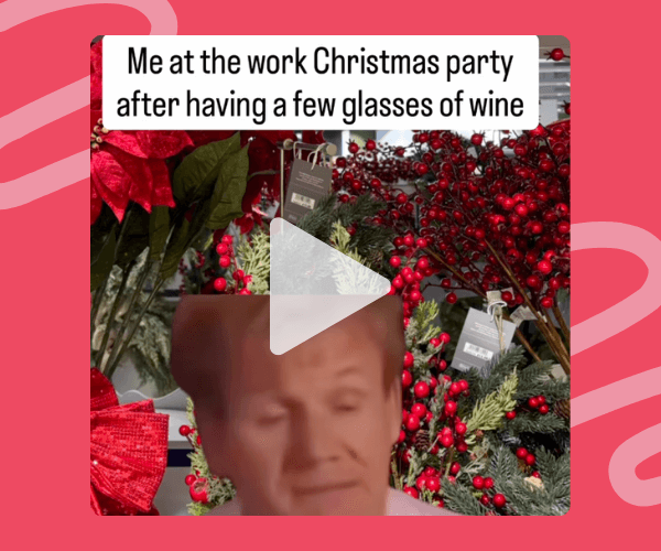 A blurry reaction image of a man appears over holiday decorations with the caption, “Me at the work Christmas party after having a few glasses of wine.” It captures that tipsy, slightly chaotic festive energy perfectly.