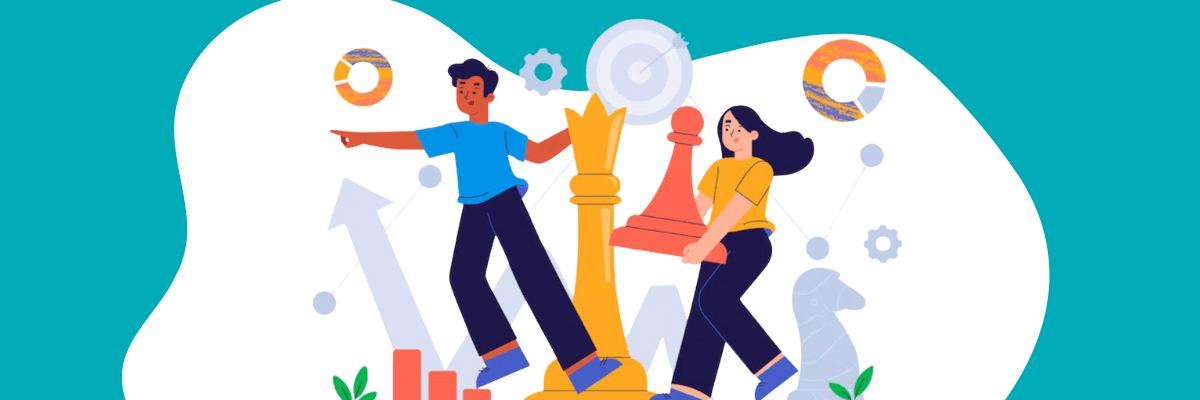Two illustrated people stand beside oversized chess pieces and charts, looking like they’re strategizing their next big move. The scene feels energetic and team-oriented, like a fun take on planning and goal-setting.