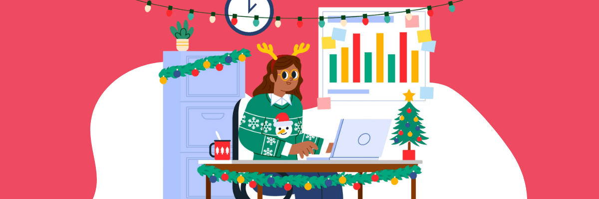 A woman wearing a festive sweater and reindeer antlers works on her laptop at a holiday-decorated desk. Colorful lights, garlands, and a tiny Christmas tree brighten the office around her.