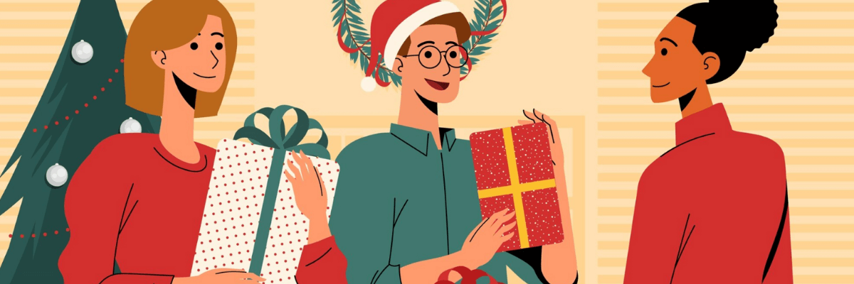 Three people stand together exchanging holiday gifts, smiling warmly. One person wears a Santa hat while holding a red present with a yellow ribbon, another holds a white gift with red dots and a teal bow, and a Christmas tree decorated with ornaments sits in the background.