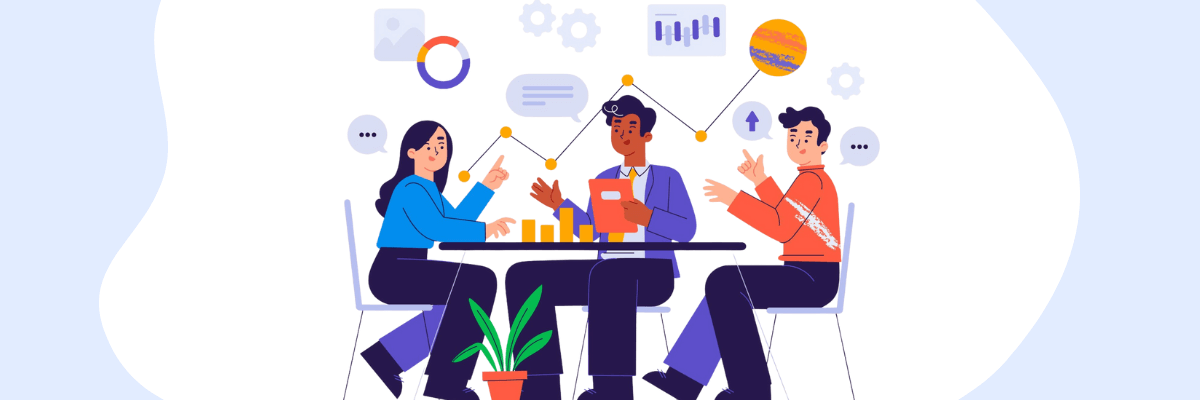 Three illustrated people sit around a table discussing charts and ideas, gesturing toward rising graphs and floating icons that suggest collaboration and growth. A light blue-and-white abstract background with soft shapes and icons.