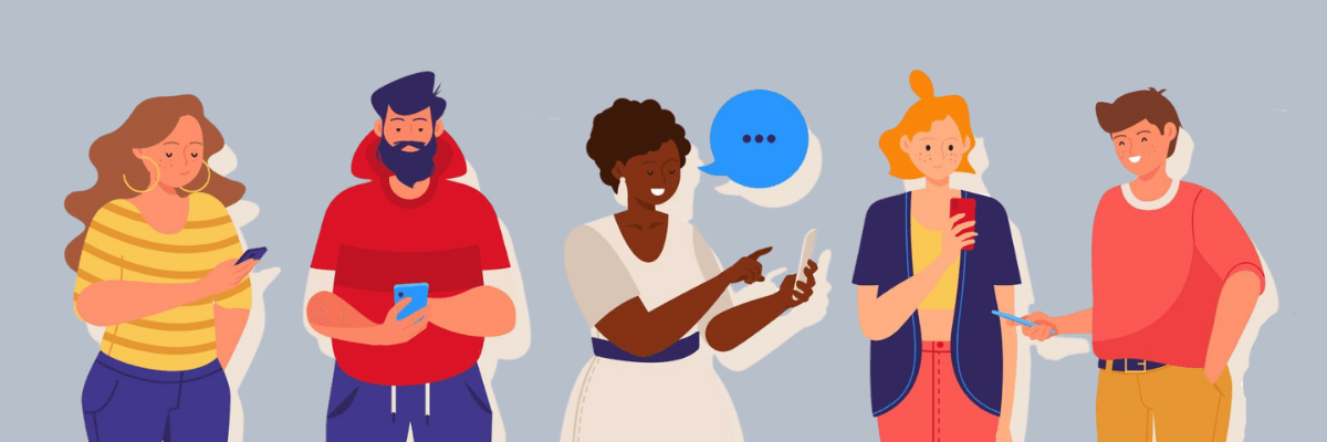 A soft gray-blue background shows five illustrated people standing in a row, each casually using their phone or chatting. Simple shapes and a floating speech bubble add a light.