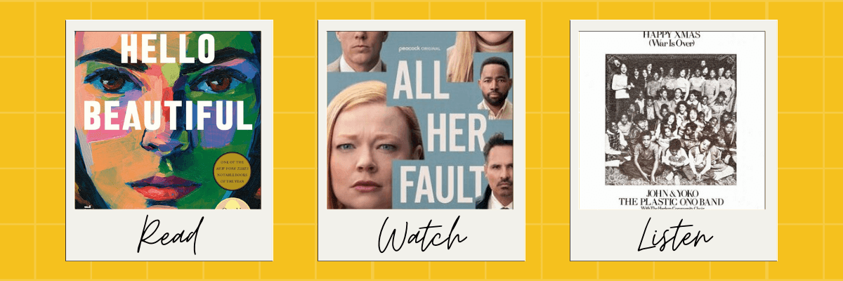 A bright yellow grid background highlights three Polaroid-style cards labeled Read, Watch, and Listen. Each card features a book cover, a TV show poster, and a classic album cover, laid out evenly for a curated weekend picks feel.