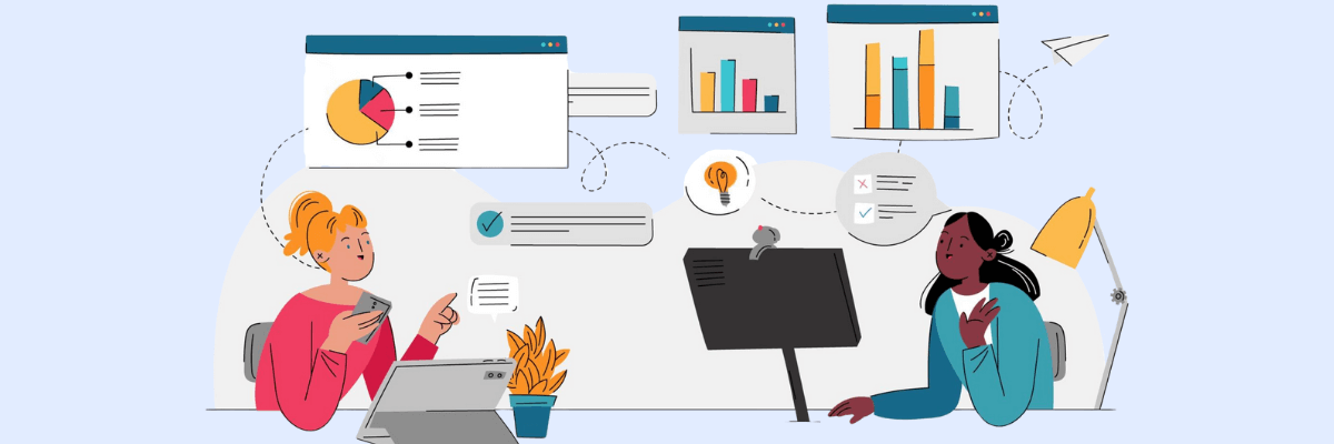 A light blue background frames two coworkers seated at desks, surrounded by floating charts, graphs, and UI-style windows. They appear mid-conversation, pointing and gesturing as data visuals and icons connect their ideas across the workspace.