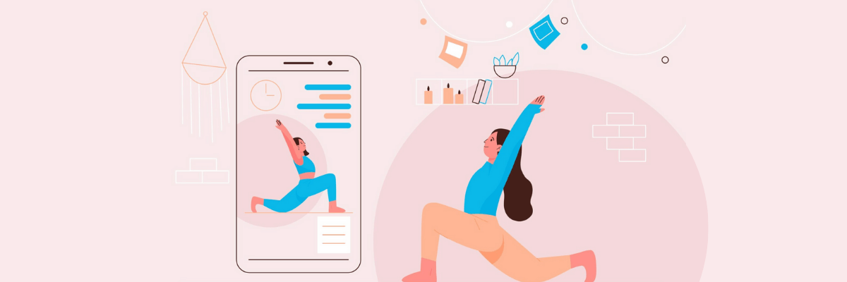 A soft blush-pink background frames an illustration of a woman stretching into a yoga pose beside a large smartphone screen. The phone mirrors the pose, suggesting a calm at-home workout guided by a fitness app, with light, airy decor floating around the scene.