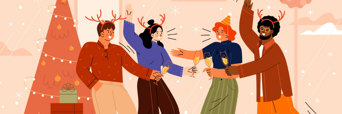 A group of friends wearing festive antlers cheer with champagne glasses in front of a decorated Christmas tree. The whole scene feels joyful and cozy, like a holiday party in full swing.