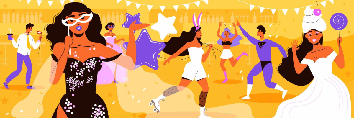 A lively party scene shows people in fun costumes dancing and roller skating under bright lights and decorations. It feels festive and full of big weekend energy.