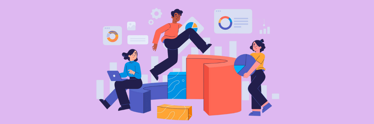 A group of illustrated coworkers collaborate around oversized charts and data blocks, with one person stepping confidently upward as others analyze graphs and pie charts. The soft purple background and floating analytics icons.