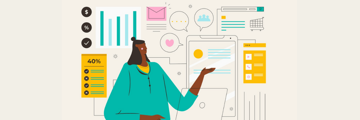 An illustrated person gestures toward a large tablet screen filled with charts, messages, and icons representing data, communication, and progress. The light, neutral background is layered with floating UI elements, graphs, and symbols.