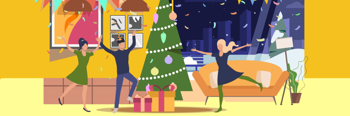 A bright, festive living room scene shows three people dancing with their arms raised around a decorated Christmas tree, as confetti falls through the air. The background features a cozy sofa, wrapped gifts, holiday lights, and a nighttime city view through the window.