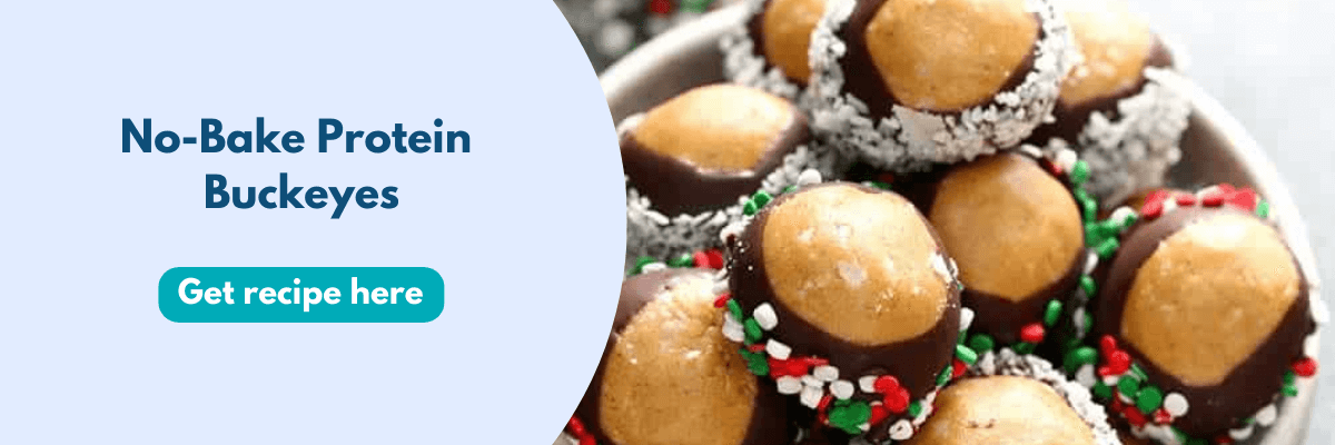 A close-up shows chocolate-dipped no-bake protein buckeyes topped with festive red, green, and white sprinkles. On a soft light-blue background, the text reads “No-Bake Protein Buckeyes” with a teal button that says “Get recipe here.”