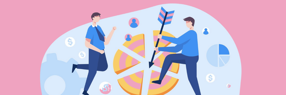 Illustration of two coworkers climbing and pointing toward a large pie chart, surrounded by icons for money, people, and analytics.