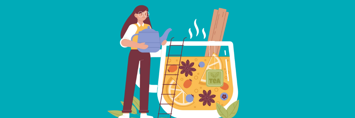 Illustration of a woman pouring hot water from a kettle into an oversized glass mug of tea filled with citrus slices, herbs, and a tea bag. The cozy, whimsical scene gives off strong self-care energy.