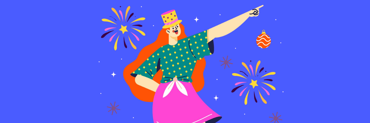 Colorful illustration of a woman in a party hat and bright outfit pointing confidently into the distance, surrounded by fireworks and festive sparkles.