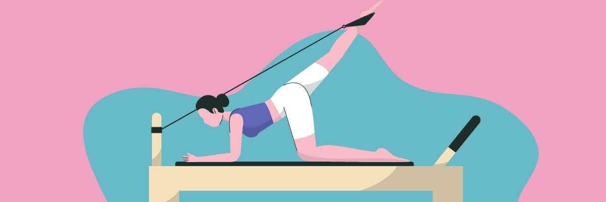 A stylized illustration shows a woman exercising on a reformer, stretching forward while using resistance straps for balance and control. The soft pink background with a rounded teal shape creates a calm, supportive atmosphere that emphasizes focus, movement, and mindful strength.