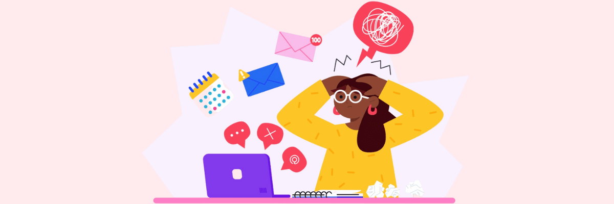 A woman sits at a desk with a laptop, holding her head as colorful icons for emails, messages, a calendar, and alerts swirl around her. The pale pink background and starburst shape emphasize the feeling of overwhelm and mental clutter.