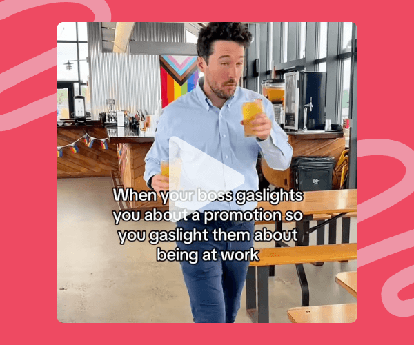 Screenshot from a video of a man casually walking through a modern office kitchen, sipping a drink, with on-screen text joking about gaslighting your boss back after being gaslit about a promotion. It has that dry, workplace-humor vibe that feels a little too relatable.