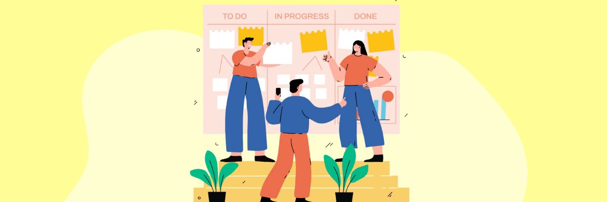 Illustration of three coworkers standing in front of a large task board labeled “To Do,” “In Progress,” and “Done,” moving sticky notes around together. With soft yellow tones, plants, and casual body language, it feels like a collaborative work moment where progress is visible and shared.