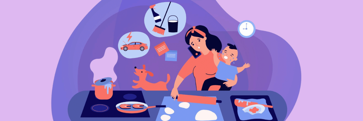 Illustration of a mom in the kitchen juggling dinner prep while holding a crying baby and talking on the phone, with a dog underfoot. Thought bubbles show chores, car trouble, and errands, capturing that all-too-familiar mental load moment where everything needs attention at once.