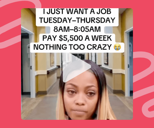 Meme-style video still of a woman standing in a long office hallway, with bold on-screen text joking about wanting a very short workweek for very high pay. The clip sits on a bright pink overlay background.
