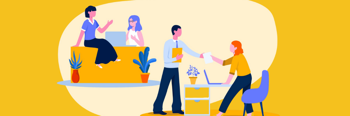 Illustration of coworkers chatting and collaborating in a shared office space, with one person handing a document across a desk while others talk nearby with warm yellow background and plants.