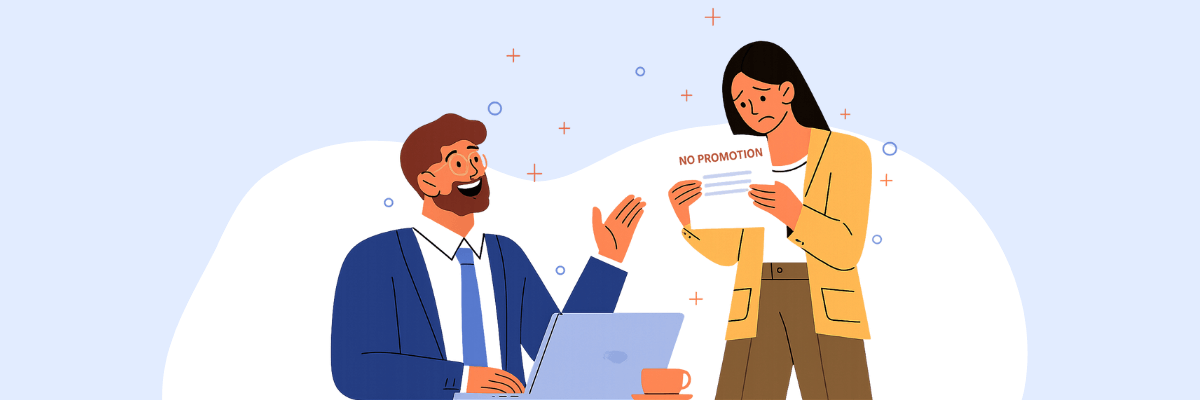 Illustration on a pale blue background with a soft white, cloud-like overlay showing a smiling manager seated at a laptop gesturing upward, while a woman stands beside him holding a paper labeled “No Promotion” and looking disappointed. Small blue circles and orange plus-sign accents float around them.