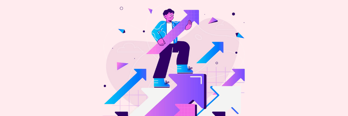 Illustration on a soft blush-pink background showing a person stepping upward on oversized purple arrows, holding a large upward-pointing arrow as if climbing toward growth. Blue and purple arrows, geometric shapes, and faint grid lines float behind them.