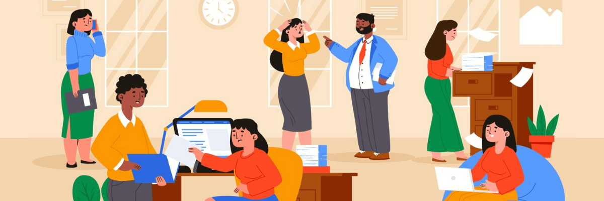 An illustrated office scene with a warm beige background shows multiple employees looking stressed, arguing, or overwhelmed while juggling paperwork, laptops, and files. The background includes tall windows, a wall clock, desks, filing cabinets, scattered papers, and potted plants.